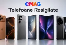 Telefoanele Resigilate Reduse la eMAG, iPhone, Samsung, Huawei, Xiaomi, Honor cu 1.599 LEI Reduceri EMAG logo above the Romanian text 'Telefoane Resigilate' with a row of assorted smartphones in gold, gray, and black colors displayed upright as an advertisement for refurbished phones.
