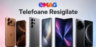 EMAG logo above the Romanian text 'Telefoane Resigilate' with a row of assorted smartphones in gold, gray, and black colors displayed upright as an advertisement for refurbished phones.