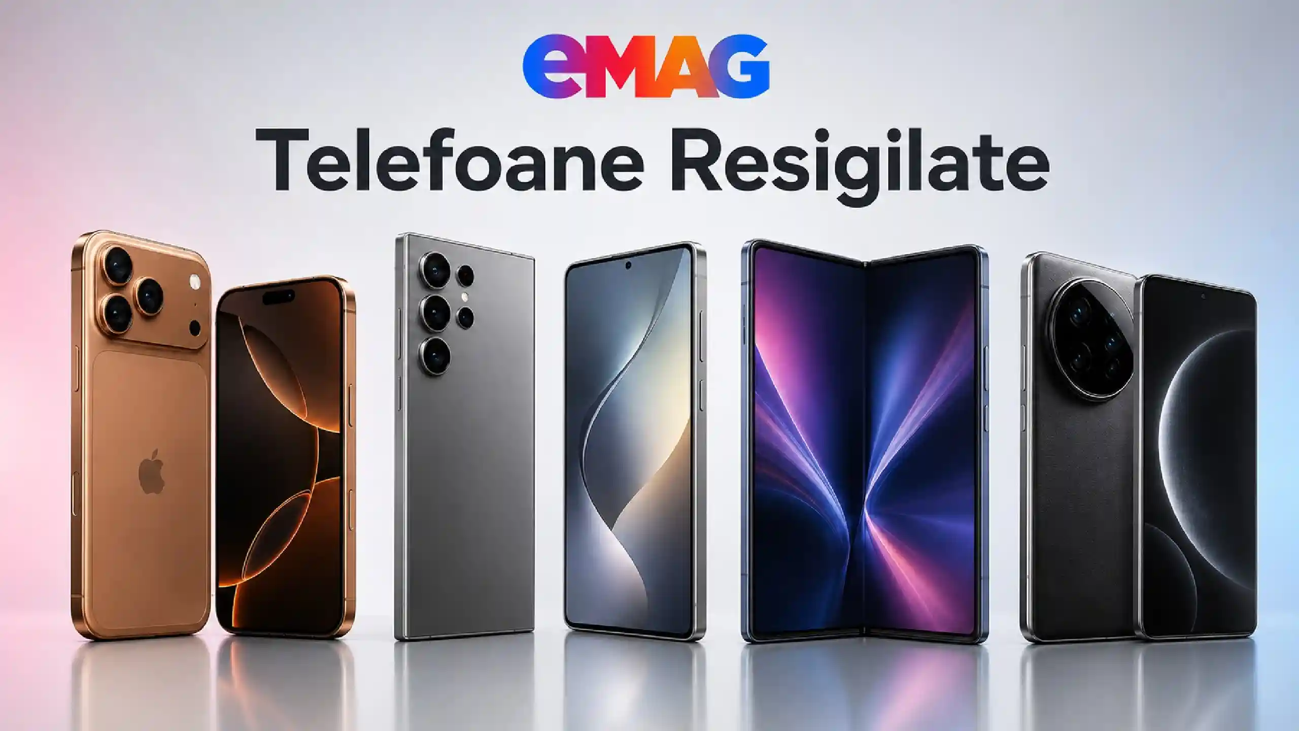 EMAG logo above the Romanian text 'Telefoane Resigilate' with a row of assorted smartphones in gold, gray, and black colors displayed upright as an advertisement for refurbished phones.
