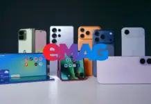 Multiple smartphones in various colors arranged upright behind a display, with a colorful 'EMAG' overlay in the foreground (tech product showcase).