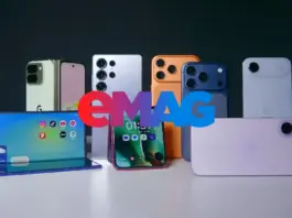 Multiple smartphones in various colors arranged upright behind a display, with a colorful 'EMAG' overlay in the foreground (tech product showcase).