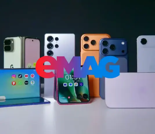Multiple smartphones in various colors arranged upright behind a display, with a colorful 'EMAG' overlay in the foreground (tech product showcase).