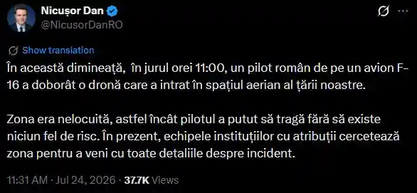 dronă doborâtă F-16 România anunt Nicușor Dan | iDevice.ro dronă doborâtă F-16 România anunt Nicușor Dan