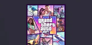 Collage-style Grand Theft Auto poster with multiple characters and vehicles surrounding the GTA logo; vibrant purple-pink theme.