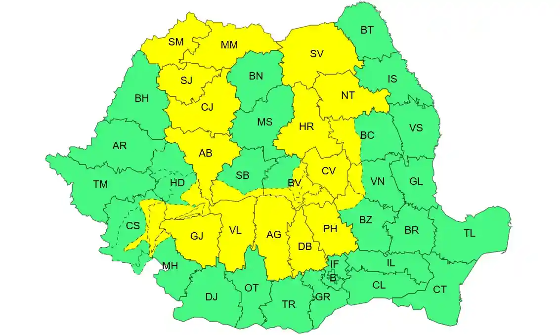 harta anm coduri meteo galbene ploi torentiale si vant puternic ANM in Romania pe 18 iulie 2026 | iDevice.ro harta anm coduri meteo galbene ploi torentiale si vant puternic ANM in Romania pe 18 iulie 2026