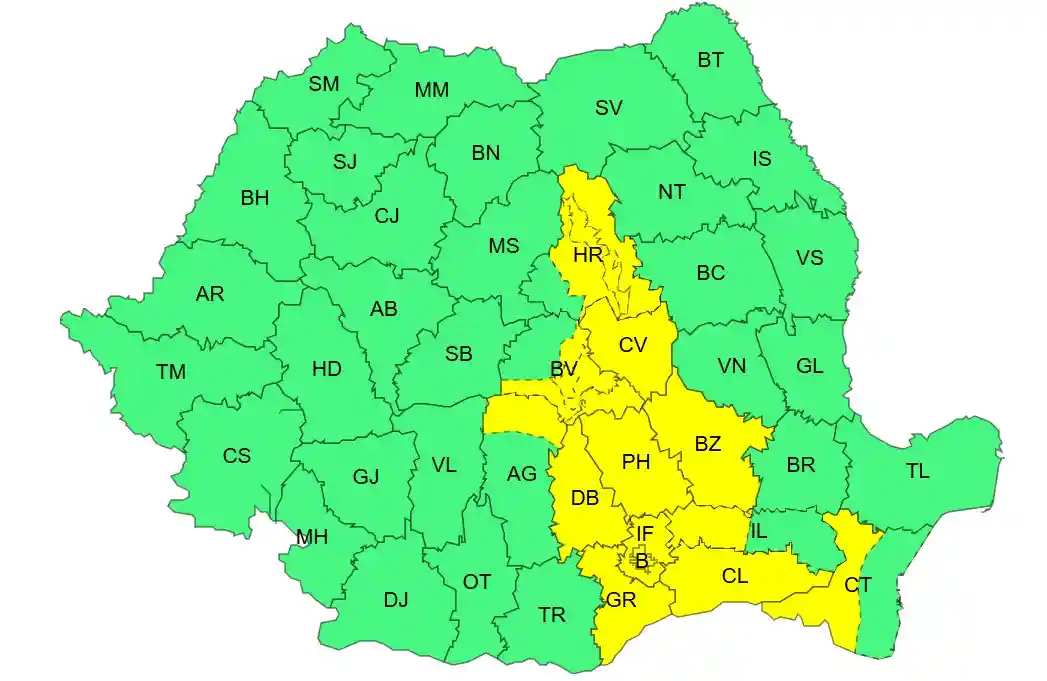 harta avertizare cod galben meteo ANM cu ploi torentiale si vant puternic in Romania pe 13 iulie 2026 harta avertizare cod galben meteo ANM cu ploi torentiale si vant puternic in Romania pe 13 iulie 2026
