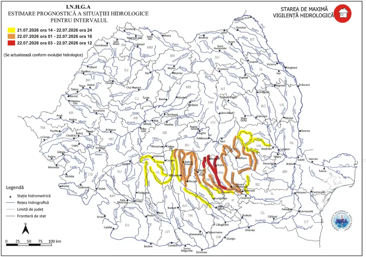 harta cod rosu meteo de inundatii emisa de INHGA pentru Romania pe 22 iulie 2026 | iDevice.ro harta cod rosu meteo de inundatii emisa de INHGA pentru Romania pe 22 iulie 2026