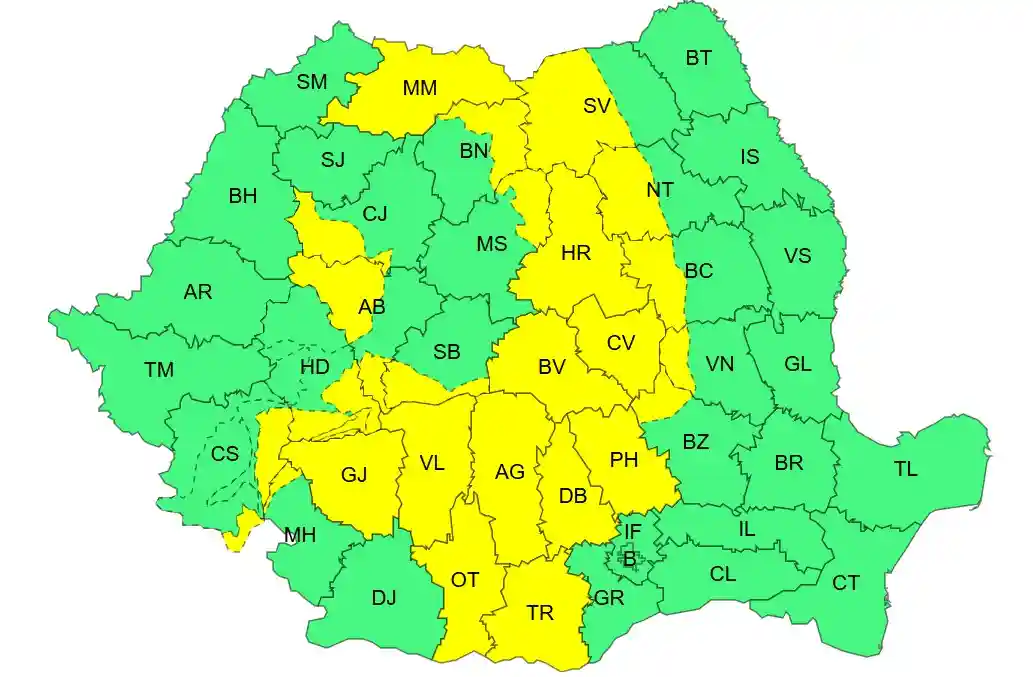 harta meteo cod galben avertizari ploi torentiale vant puternic ANM Romania 15 iulie 2026 | iDevice.ro harta meteo cod galben avertizari ploi torentiale vant puternic ANM Romania 15 iulie 2026