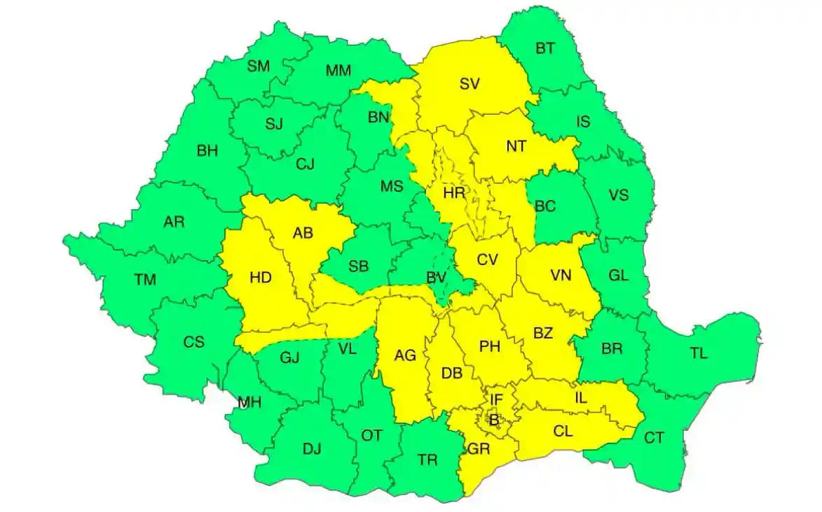 harta meteo cu avertizarea cod galben ANM de ploi torentiale, vant puternic si vijelie in Romania pe 24 iulie 2026 | iDevice.ro harta meteo cu avertizarea cod galben ANM de ploi torentiale, vant puternic si vijelie in Romania pe 24 iulie 2026