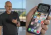 iOS 27 Aduce o Imbunatatire Surpriza de la Apple Split-screen: man in a dark polo looking at his phone, while a close-up shows an iPhone displaying ticket text in a message on screen.