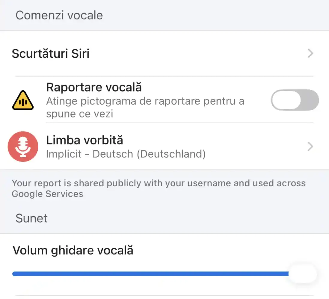 Optiunea pentru activarea raportarilor vocale din aplicatia Waze pentru iPhone si Android. | iDevice.ro raportari vocale Waze iphone android