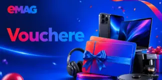 Blue promotional banner with gadgets (laptop, headphones) and a gift box with blue ribbon, suggesting vouchers and prizes from eMAG.