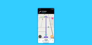 Smartphone showing a GPS navigation app with a purple route line and turn instructions at the top indicating 0.4 miles on Grove St, overlaid on a map of streets.