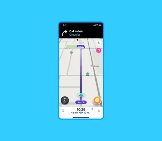 Smartphone showing a GPS navigation app with a purple route line and turn instructions at the top indicating 0.4 miles on Grove St, overlaid on a map of streets.