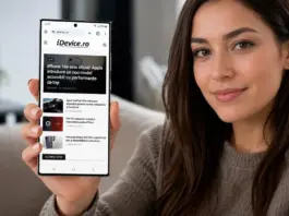 Woman holding a smartphone showing the iDevice.ro news site on the screen while smiling at the camera