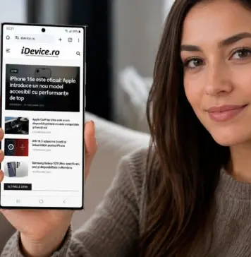 2 Schimbari din Samsung GALAXY S27 ULTRA pe care le Asteptai Woman holding a smartphone showing the iDevice.ro news site on the screen while smiling at the camera