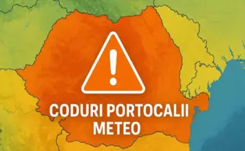 Alerta COD PORTOCALIU Meteo ANM Emisa pentru Vreme Extrema in Romania pe 2 August 2026 Colorful weather map with an orange danger area and a white exclamation-triangle alert icon over it, with 'METEO' text partially visible, indicating a meteorological warning.