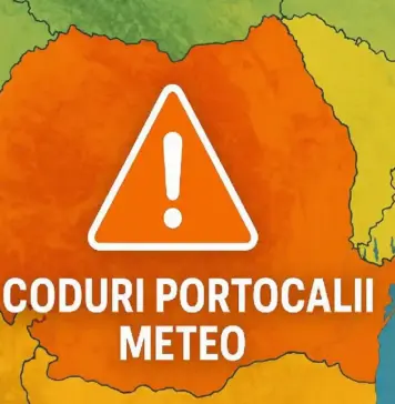 Alerta COD PORTOCALIU Meteo ANM Emisa pentru Vreme Extrema in Romania pe 2 August 2026 Colorful weather map with an orange danger area and a white exclamation-triangle alert icon over it, with 'METEO' text partially visible, indicating a meteorological warning.