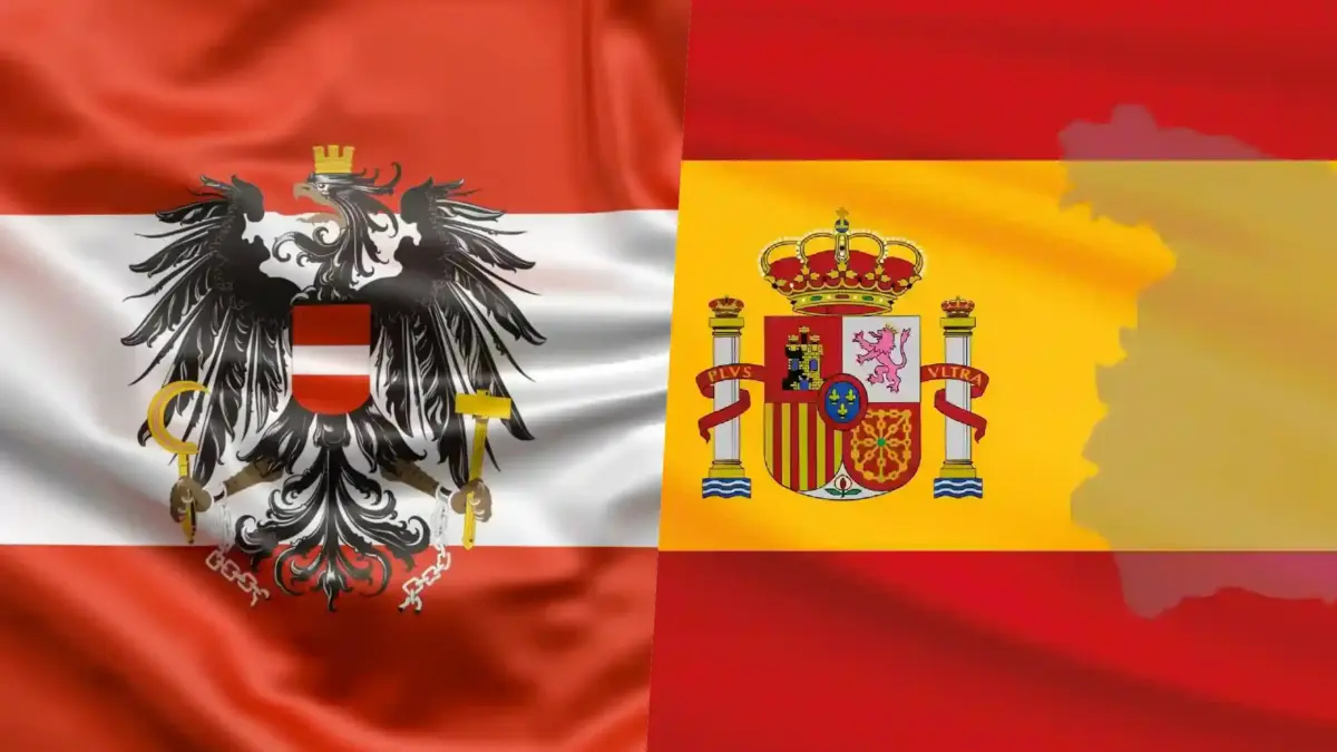 Austria Avertizeaza Spania dupa Invazia Esuata, Trage un Semnal de Alarma in Schengen Inaintea Noii Invazii | iDevice.ro Overlap of Austria flag (red-white-red with black eagle) and Spain flag (yellow with coat of arms) on a single banner.