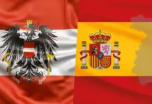 Austria Avertizeaza Spania dupa Invazia Esuata, Trage un Semnal de Alarma in Schengen Inaintea Noii Invazii Overlap of Austria flag (red-white-red with black eagle) and Spain flag (yellow with coat of arms) on a single banner.