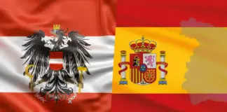 Overlap of Austria flag (red-white-red with black eagle) and Spain flag (yellow with coat of arms) on a single banner.