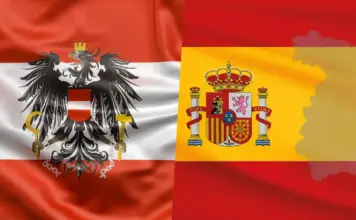 Austria Avertizeaza Spania dupa Invazia Esuata, Trage un Semnal de Alarma in Schengen Inaintea Noii Invazii Overlap of Austria flag (red-white-red with black eagle) and Spain flag (yellow with coat of arms) on a single banner.