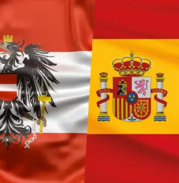 Austria Avertizeaza Spania dupa Invazia Esuata, Trage un Semnal de Alarma in Schengen Inaintea Noii Invazii Overlap of Austria flag (red-white-red with black eagle) and Spain flag (yellow with coat of arms) on a single banner.