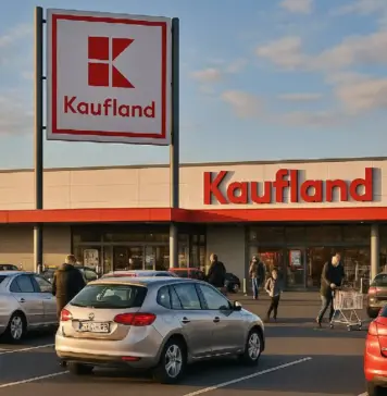 Kaufland supermarket exterior with a large red Kaufland sign and a parking lot in the foreground during daylight.