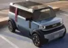 Cred ca DACIA Hipster va avea Probleme Uriase din Cauza BYD Racco la Lansare Futuristic blue SUV concept parked in a street lot with scissor-like doors open and a glass roof showing a modern interior.
