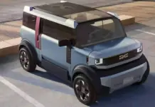 Cred ca DACIA Hipster va avea Probleme Uriase din Cauza BYD Racco la Lansare Futuristic blue SUV concept parked in a street lot with scissor-like doors open and a glass roof showing a modern interior.