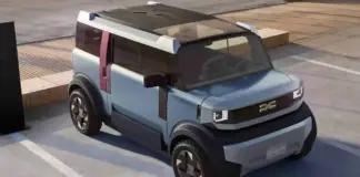 Futuristic blue SUV concept parked in a street lot with scissor-like doors open and a glass roof showing a modern interior.