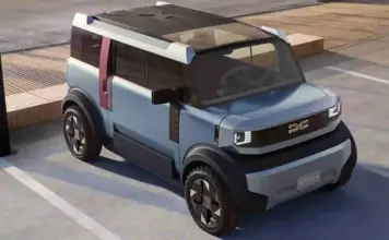 Futuristic blue SUV concept parked in a street lot with scissor-like doors open and a glass roof showing a modern interior.
