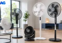 Cupoane cu Reduceri eMAG la Ventilatoare, Preturi mai Mici cu 999 LEI Row of different fans (standing and table models) in a bright, modern living room with an EMAG logo in the top-left corner.