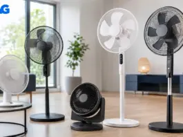 Row of different fans (standing and table models) in a bright, modern living room with an EMAG logo in the top-left corner.