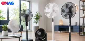 Row of different fans (standing and table models) in a bright, modern living room with an EMAG logo in the top-left corner.