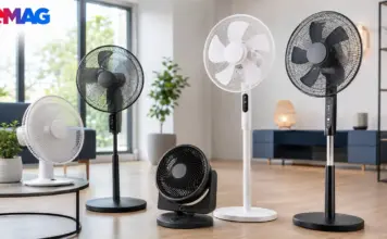 Cupoane cu Reduceri eMAG la Ventilatoare, Preturi mai Mici cu 999 LEI Row of different fans (standing and table models) in a bright, modern living room with an EMAG logo in the top-left corner.