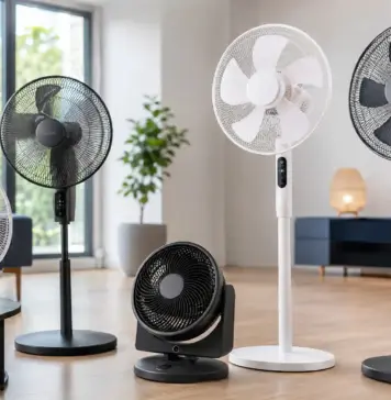 Cupoane cu Reduceri eMAG la Ventilatoare, Preturi mai Mici cu 999 LEI Row of different fans (standing and table models) in a bright, modern living room with an EMAG logo in the top-left corner.