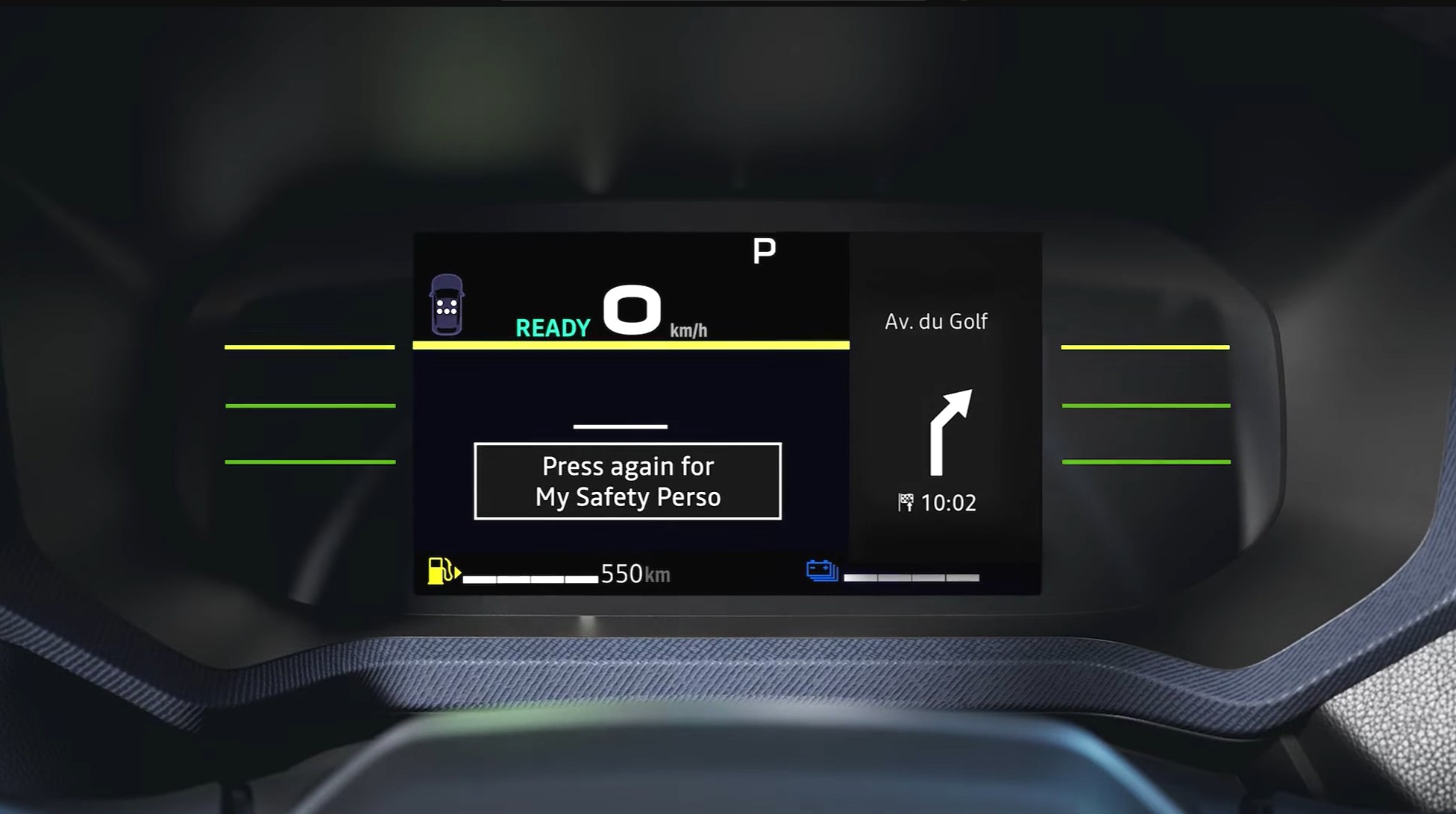 DACIA my Safety consola bord | iDevice.ro HUD/instrument cluster showing speed 0 km/h, READY indicator, and a route prompt labeled'Av. du Golf' with a right-turn icon and current time 10:02; fuel range 550 km displayed.