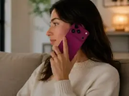 Woman sitting on a sofa, talking on a pink smartphone held to her ear, in a cozy living room with warm lighting.