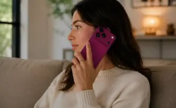 Data Lansarii iPhone 18 Pro, Cand Incep Precomenzile si Livrarile Woman sitting on a sofa, talking on a pink smartphone held to her ear, in a cozy living room with warm lighting.