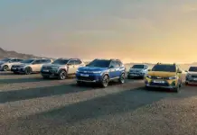 “Inovatia” din DACIA Duster, Bigster, Striker, Veche de Ani de Zile la BMW, Audi, Mercedes, Volkswagen Row of modern SUVs lined up on a gravel surface at sunset, with mountains in the distance on the left.