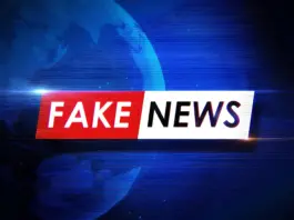 Blue-toned news graphic with a red-and-white banner reading FAKE NEWS across the center.
