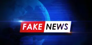 Blue-toned news graphic with a red-and-white banner reading FAKE NEWS across the center.