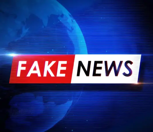 Blue-toned news graphic with a red-and-white banner reading FAKE NEWS across the center.