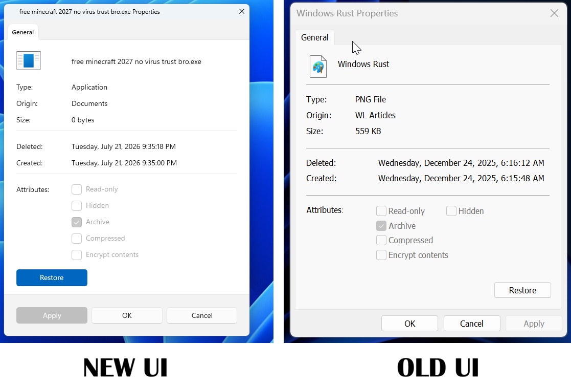 New UI and old UI of Properties sheet in Windows 11
