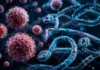OMS: Extrem de Ingrijorator Semnal de Alarma din Cauza Exploziei Cazurilor de Ebola Microscopic view of red, spiky virus-like spheres and blue twisted strands in a dark background, suggesting a viral scene.
