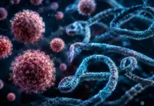 Microscopic view of red, spiky virus-like spheres and blue twisted strands in a dark background, suggesting a viral scene.