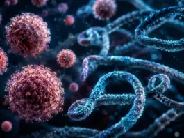 Microscopic view of red, spiky virus-like spheres and blue twisted strands in a dark background, suggesting a viral scene.