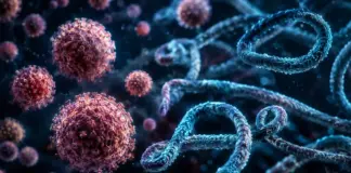 Microscopic view of red, spiky virus-like spheres and blue twisted strands in a dark background, suggesting a viral scene.