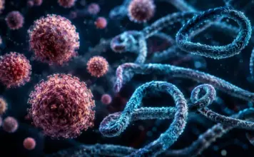 OMS: Extrem de Ingrijorator Semnal de Alarma din Cauza Exploziei Cazurilor de Ebola Microscopic view of red, spiky virus-like spheres and blue twisted strands in a dark background, suggesting a viral scene.